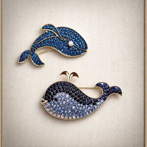 Set of 2 Blue Whales Brooches Pins Rhinestones Vintage Style